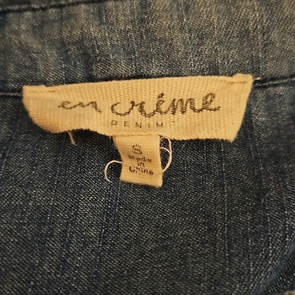EN CREME Cowboy Core Chambray Denim Floral Embroidered Micro Mini Dress - Picture 7 of 9